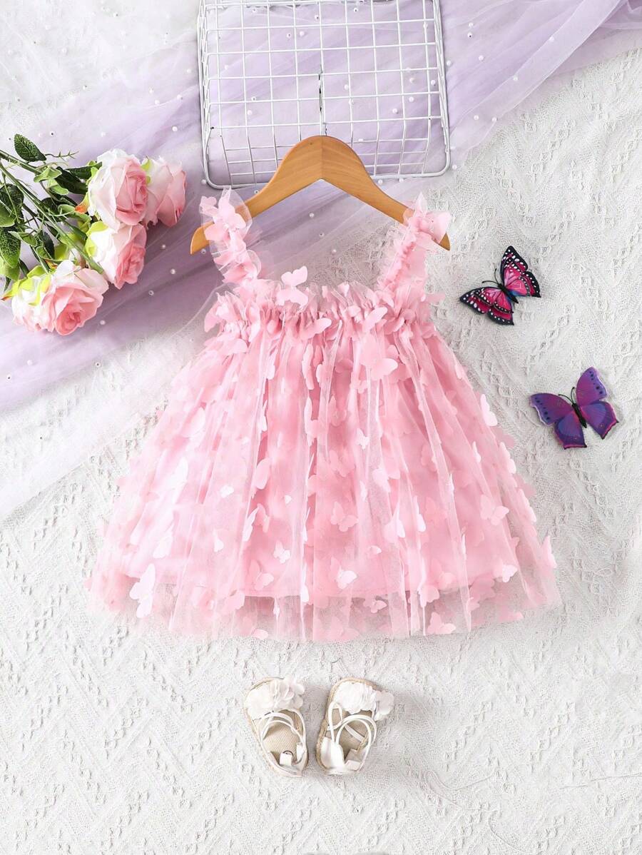 Baby Girl Butterfly Appliques Mesh Overlay Princess Dress for Birthday Party
