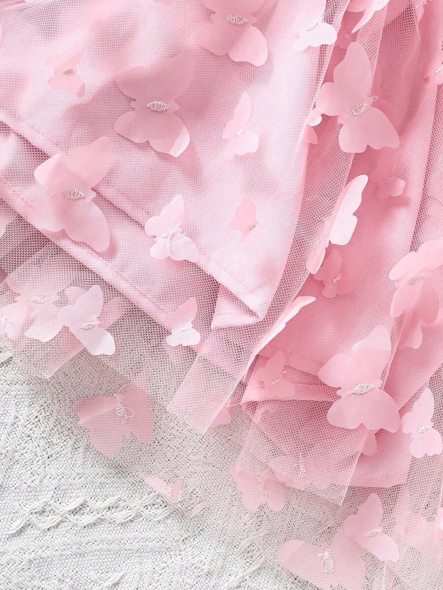 Baby Girl Butterfly Appliques Mesh Overlay Princess Dress for Birthday Party