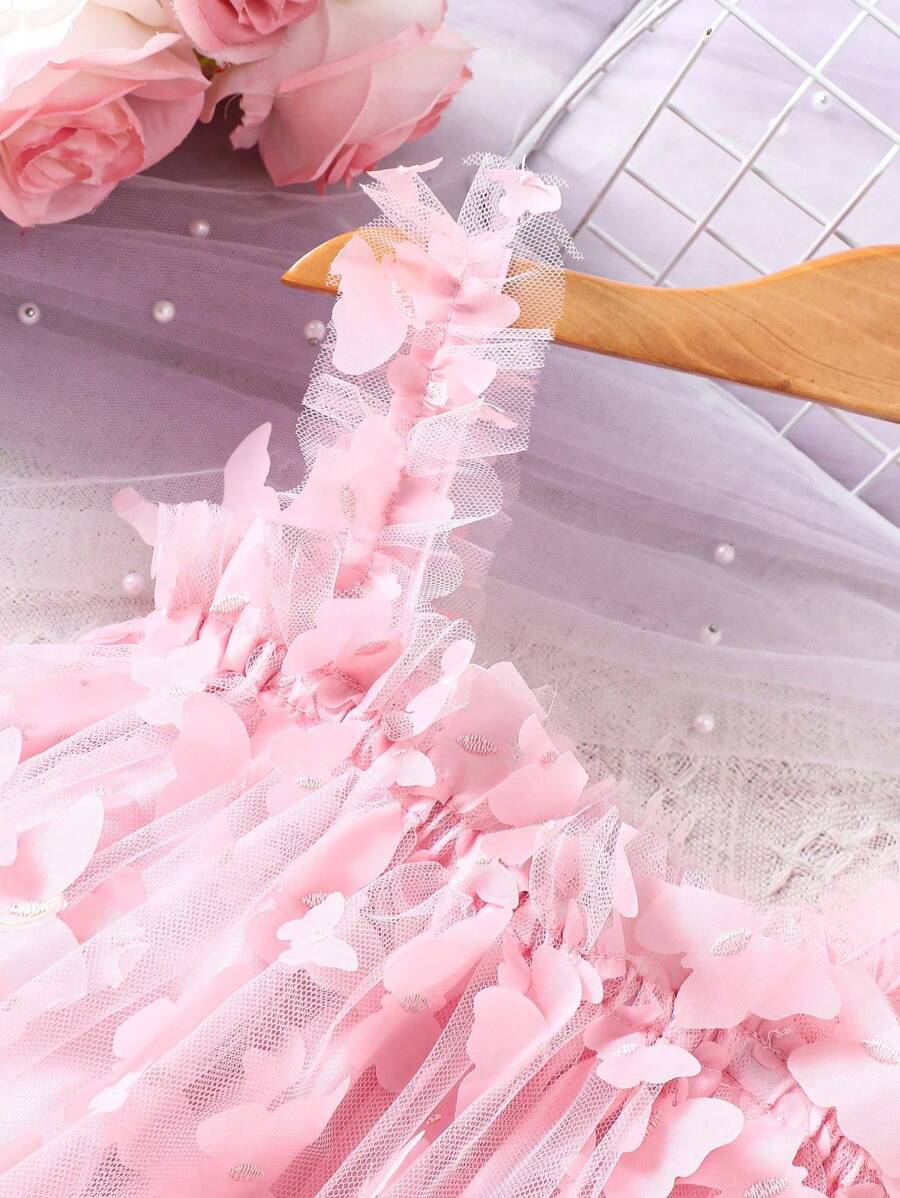 Baby Girl Butterfly Appliques Mesh Overlay Princess Dress for Birthday Party