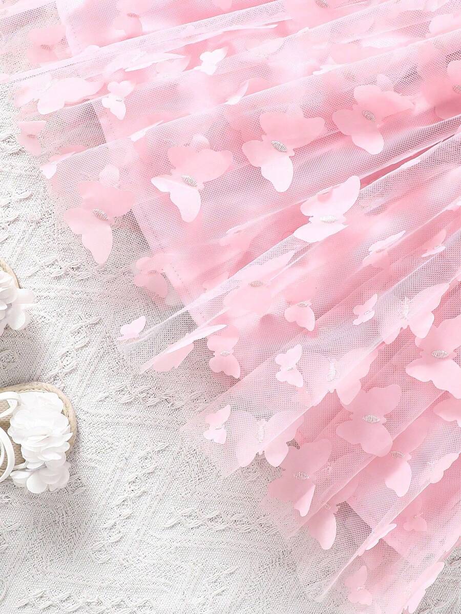Baby Girl Butterfly Appliques Mesh Overlay Princess Dress for Birthday Party