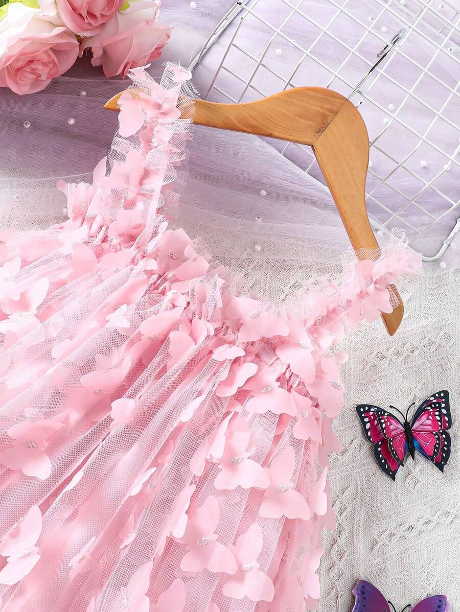 Baby Girl Butterfly Appliques Mesh Overlay Princess Dress for Birthday Party