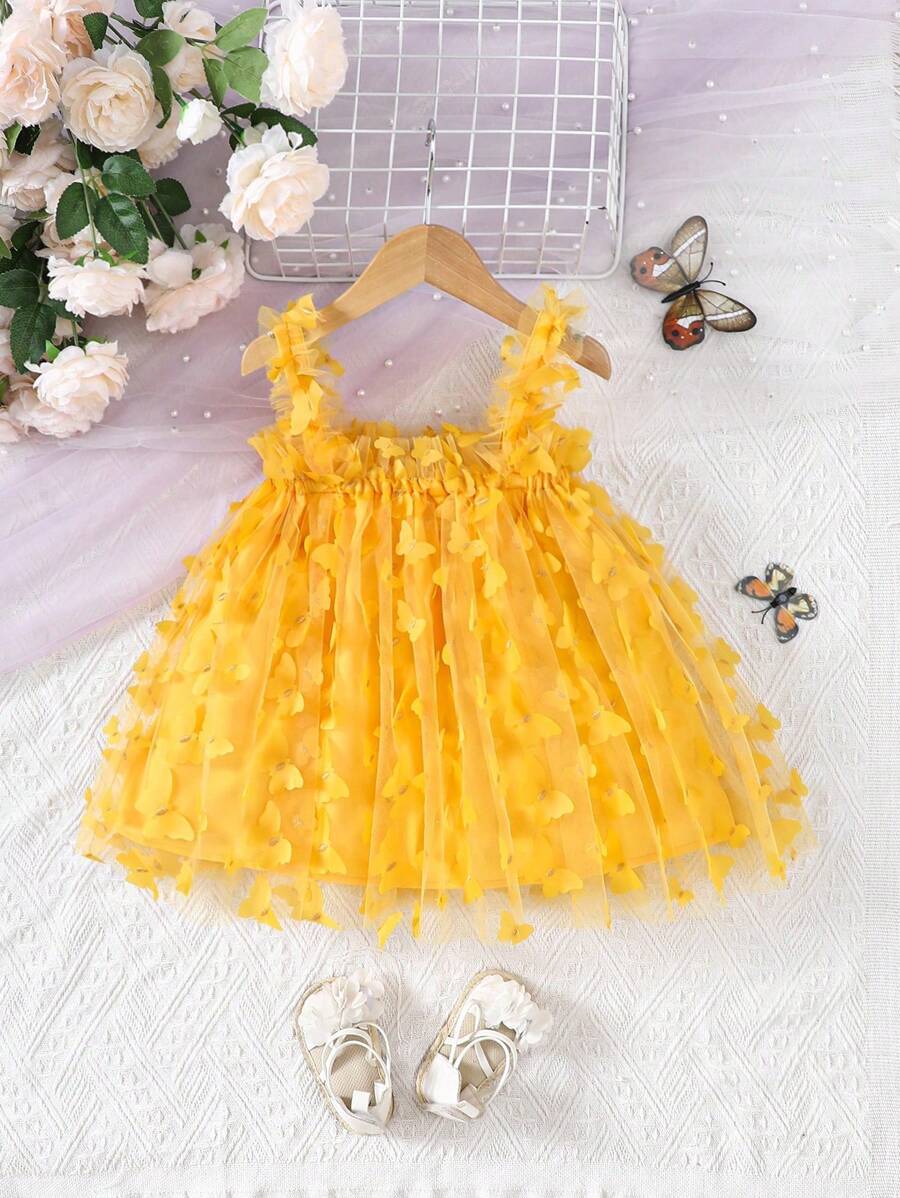 Baby Girl Butterfly Appliques Mesh Overlay Princess Dress for Birthday Party