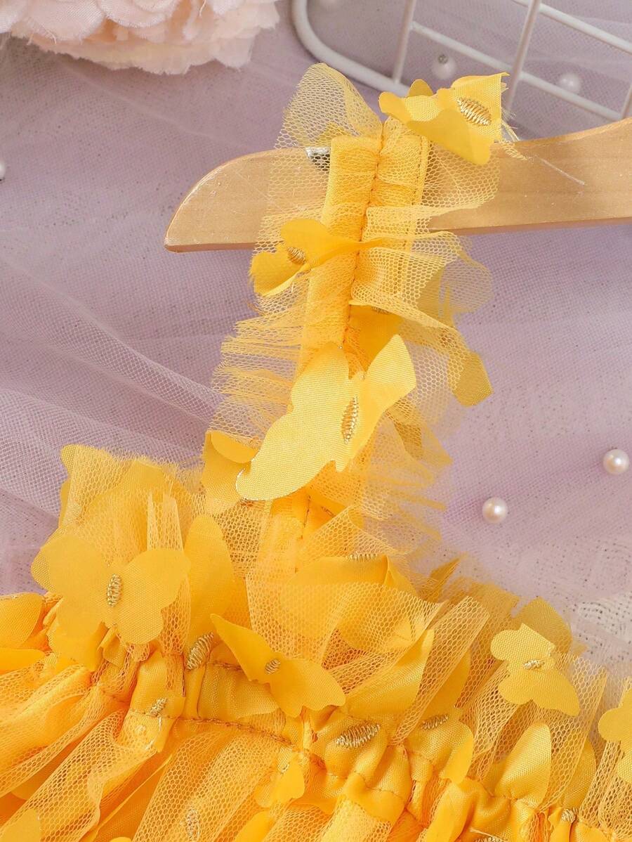 Baby Girl Butterfly Appliques Mesh Overlay Princess Dress for Birthday Party
