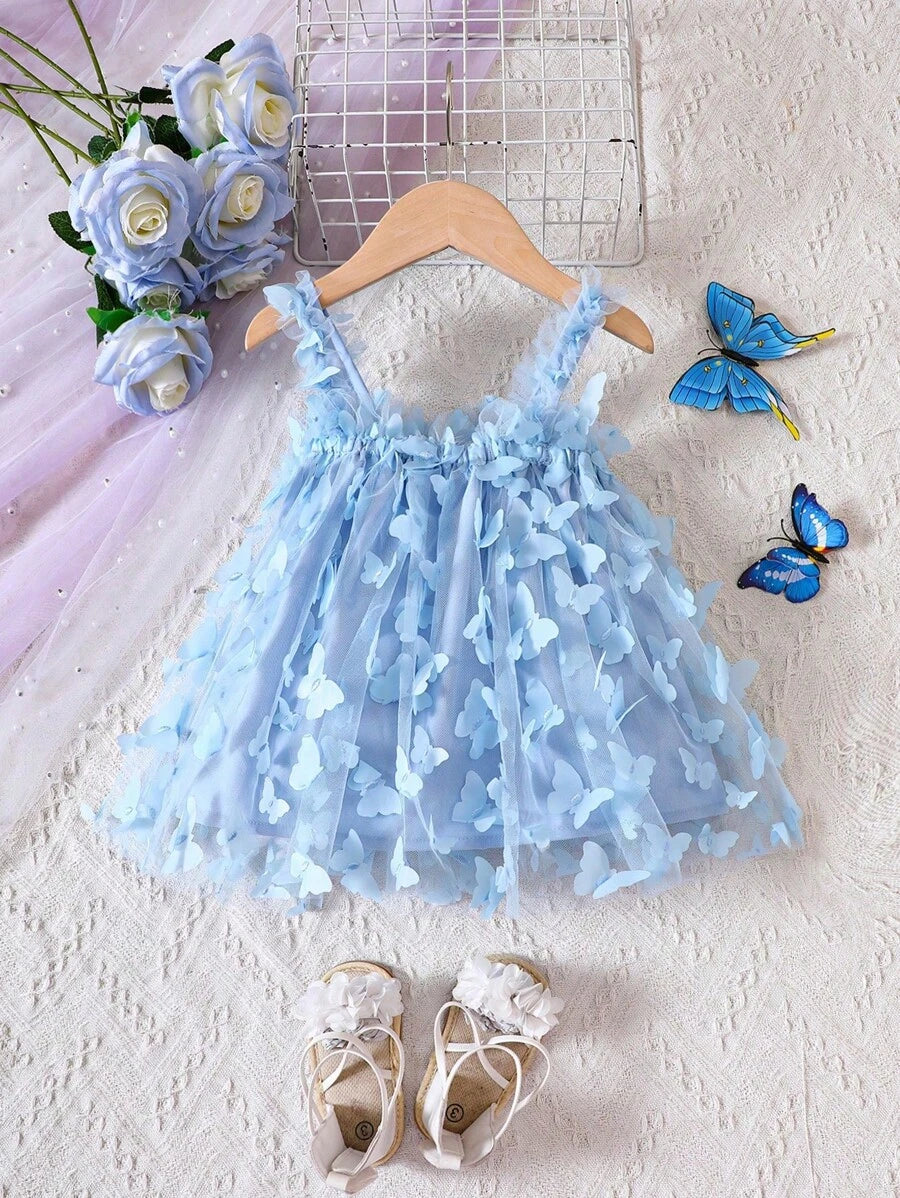Baby Girl Butterfly Appliques Mesh Overlay Princess Dress for Birthday Party