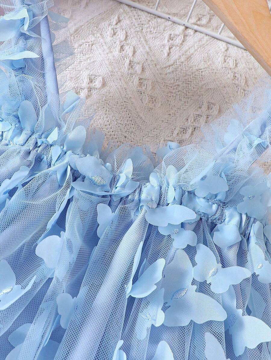 Baby Girl Butterfly Appliques Mesh Overlay Princess Dress for Birthday Party