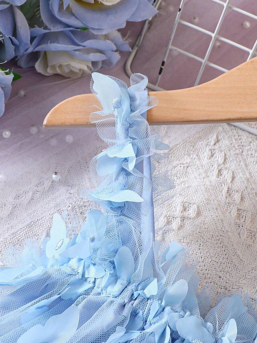 Baby Girl Butterfly Appliques Mesh Overlay Princess Dress for Birthday Party