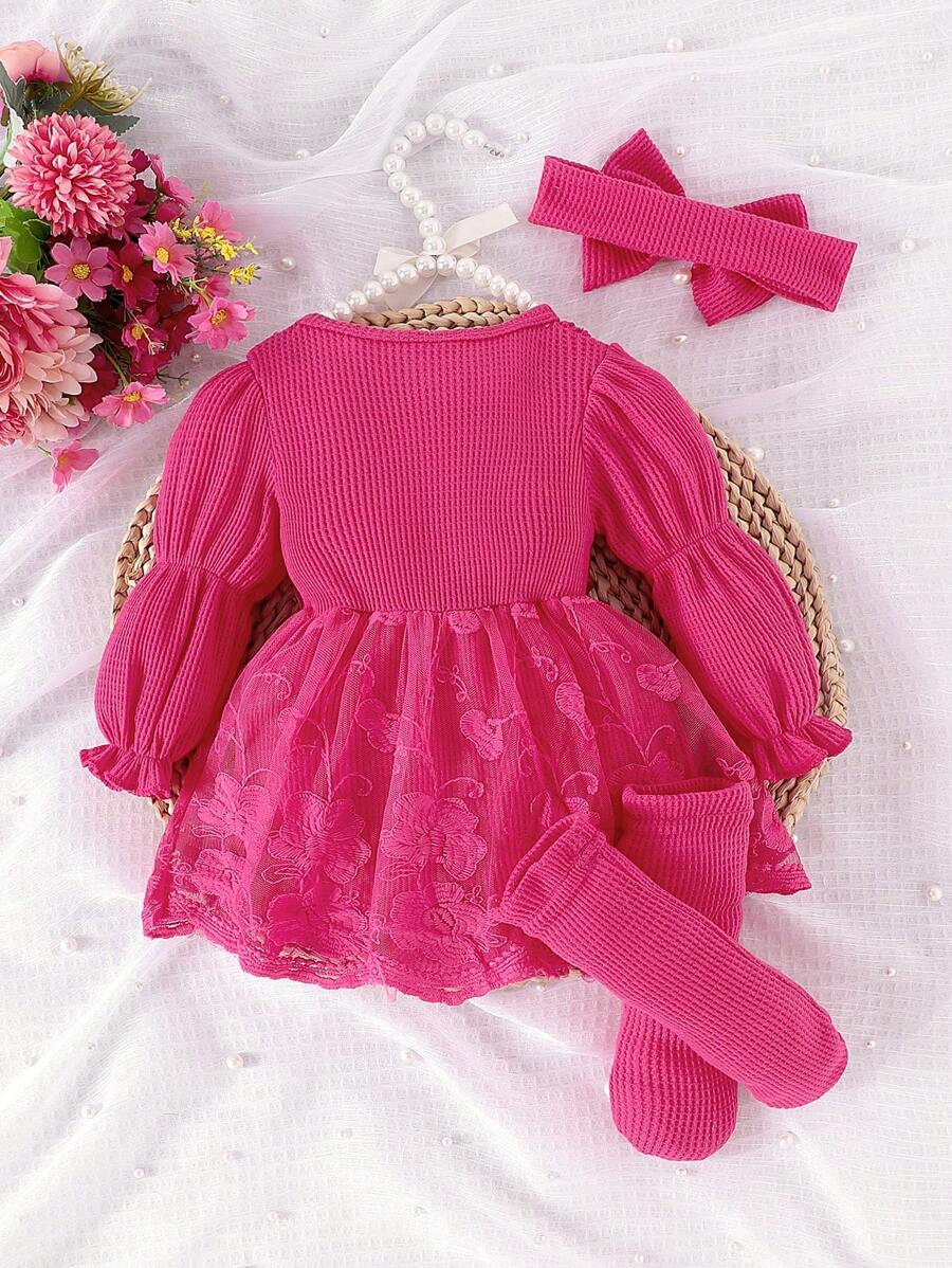 3PCS Baby Elegant Mesh Contrast Bodysuit Set with Headband and Socks for Autumn and Winter Wear