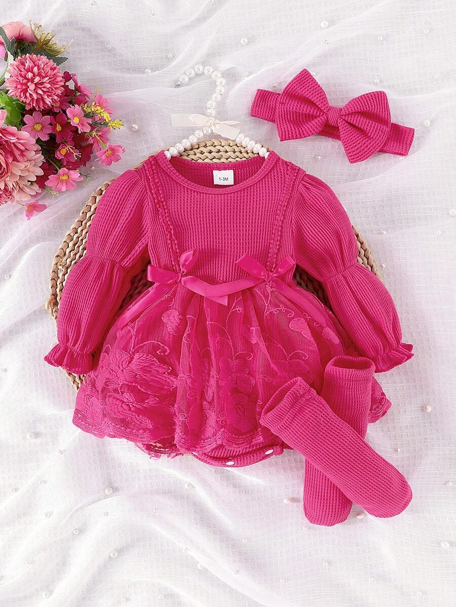 3PCS Baby Elegant Mesh Contrast Bodysuit Set with Headband and Socks for Autumn and Winter Wear