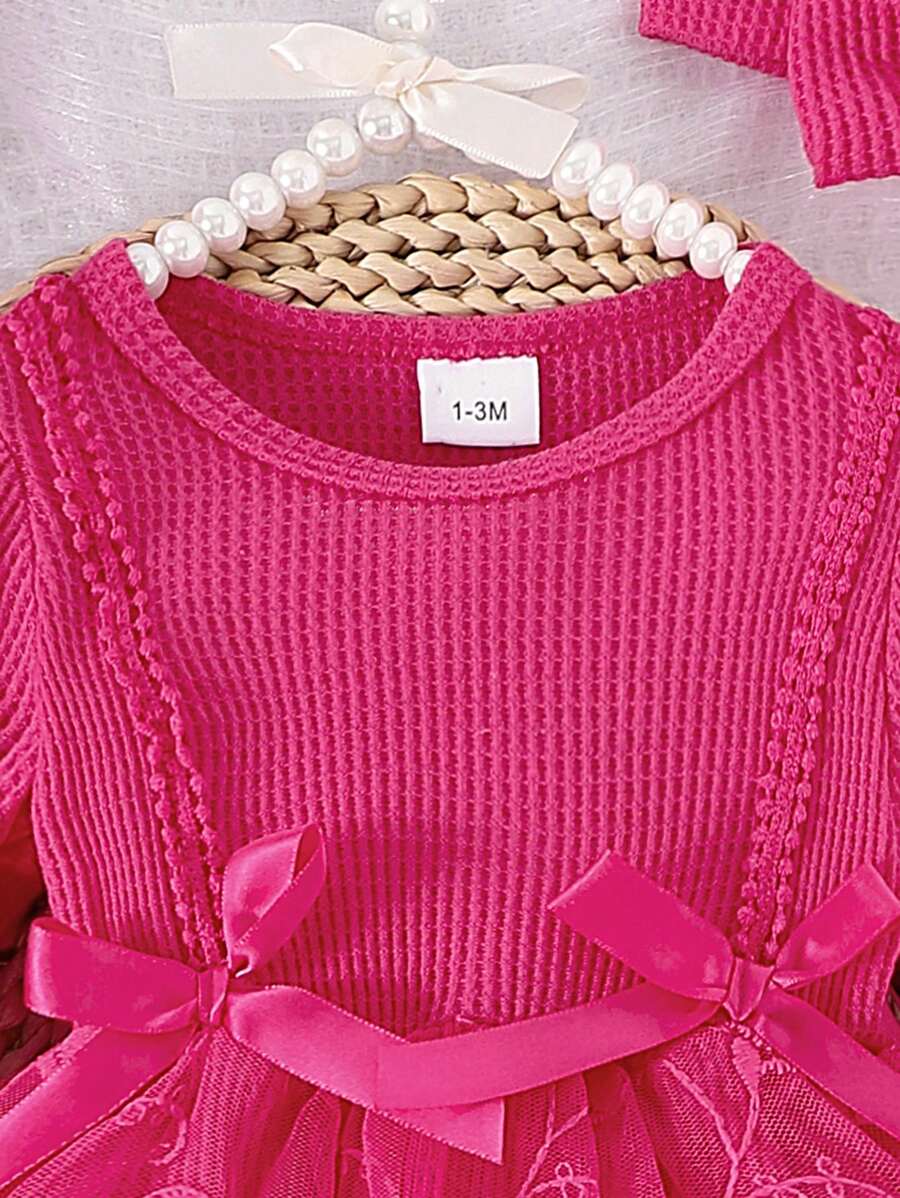 3PCS Baby Elegant Mesh Contrast Bodysuit Set with Headband and Socks for Autumn and Winter Wear