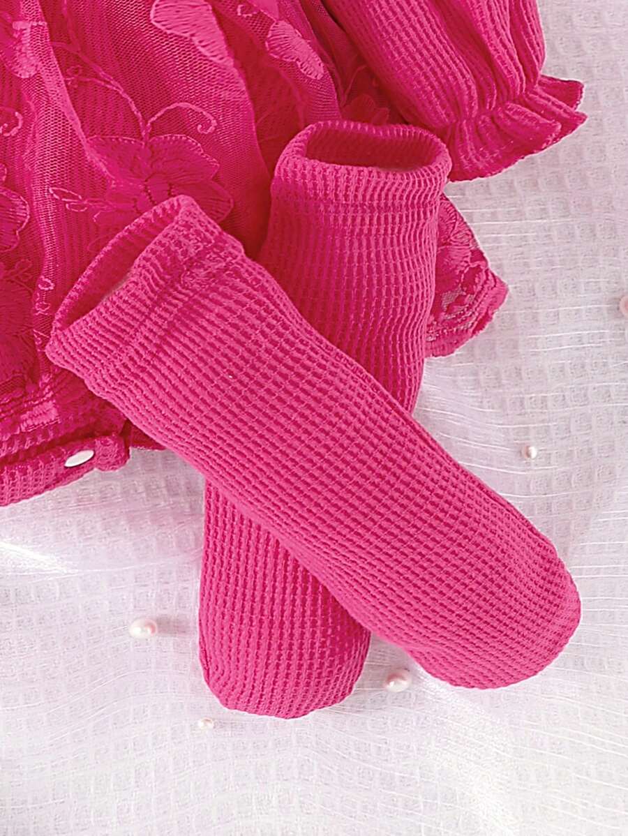 3PCS Baby Elegant Mesh Contrast Bodysuit Set with Headband and Socks for Autumn and Winter Wear