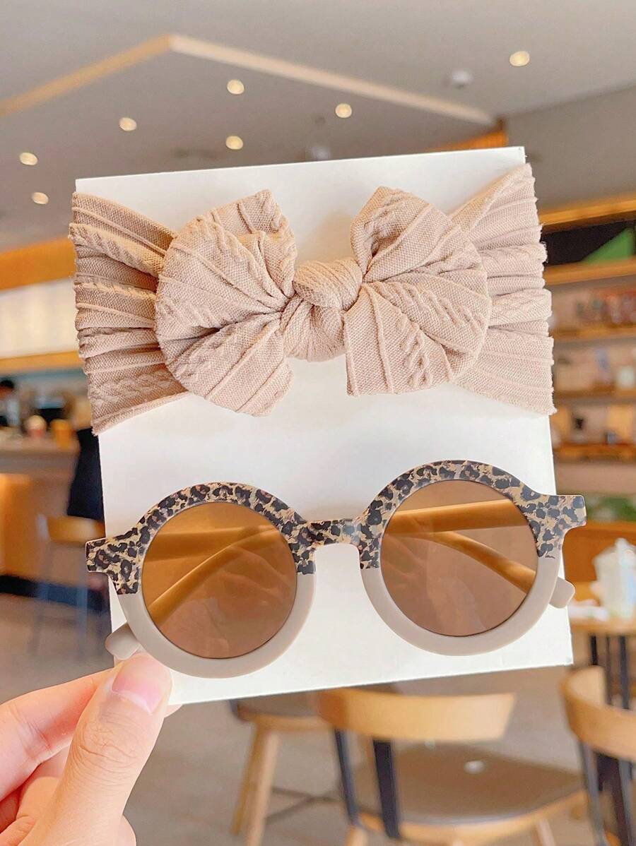 2 Pcs Kids Round Fashion Glasses & Bow Headband Set - Solid Color Unisex Baby Eyewear, Cute Toddler Hair Accessories