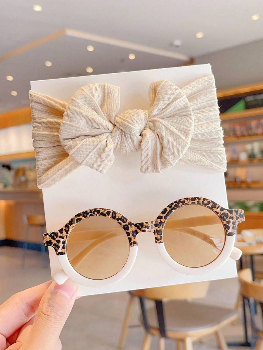2 Pcs Kids Round Fashion Glasses & Bow Headband Set - Solid Color Unisex Baby Eyewear, Cute Toddler Hair Accessories