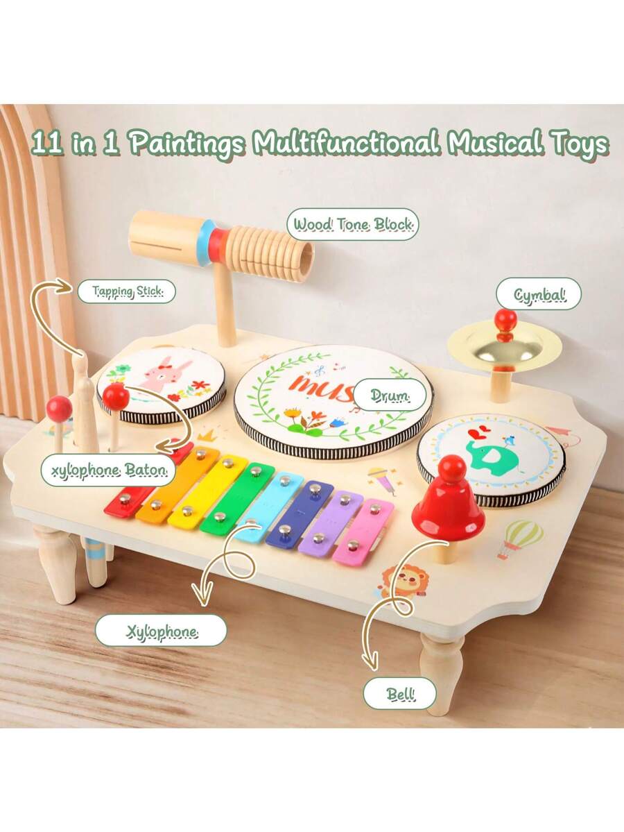 Kids Wooden Drum Kit and Xylophone Musical Toy Set for Early Learning and Creative Play