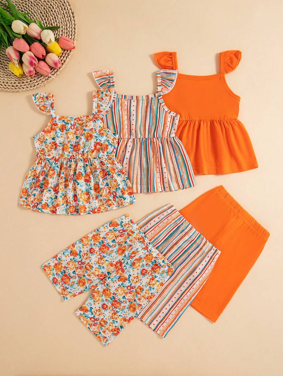 Infant Girls 3-Piece Summer Set: Full Print Floral and Striped Sleeveless Top and Shorts