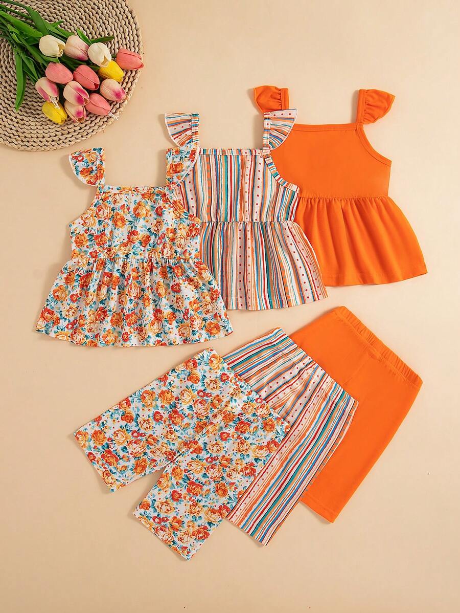 Infant Girls 3-Piece Summer Set: Full Print Floral and Striped Sleeveless Top and Shorts