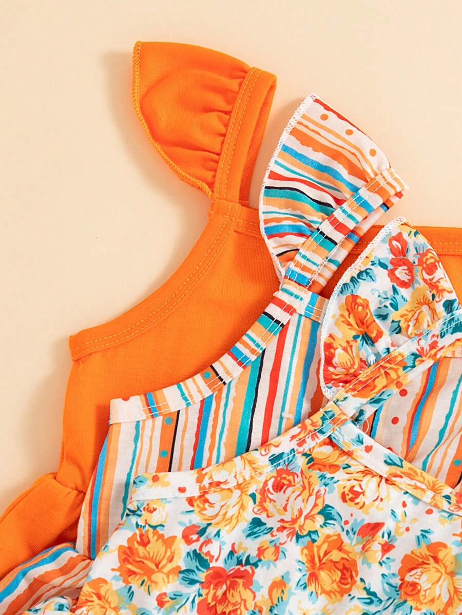 Infant Girls 3-Piece Summer Set: Full Print Floral and Striped Sleeveless Top and Shorts