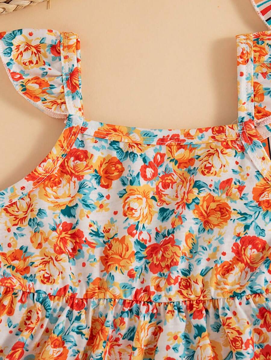 Infant Girls 3-Piece Summer Set: Full Print Floral and Striped Sleeveless Top and Shorts