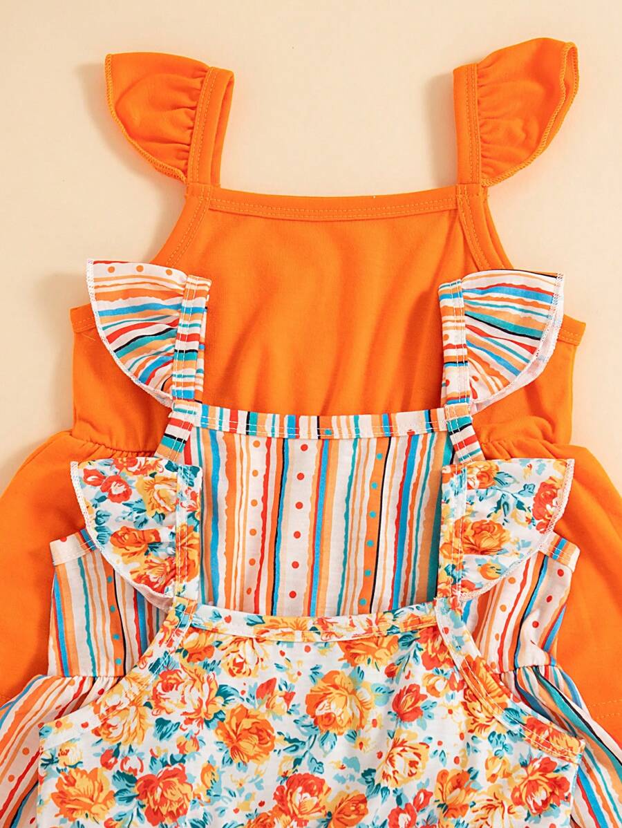 Infant Girls 3-Piece Summer Set: Full Print Floral and Striped Sleeveless Top and Shorts