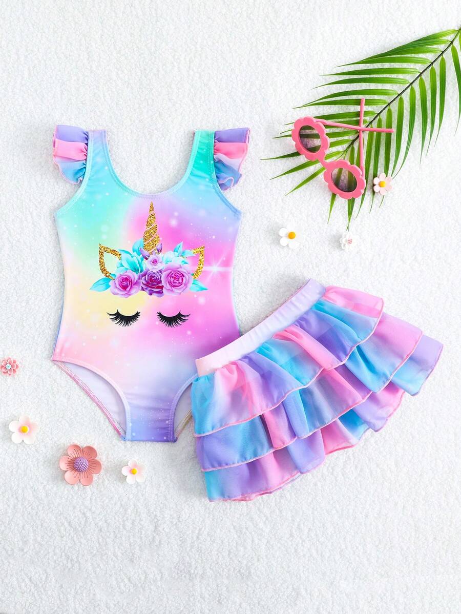 Rainbow Mesh One Piece Swimsuit For Baby Girls Cute Unicorn Beachwear