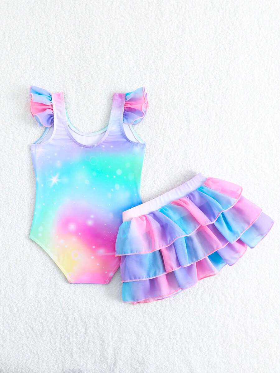 Rainbow Mesh One Piece Swimsuit For Baby Girls Cute Unicorn Beachwear