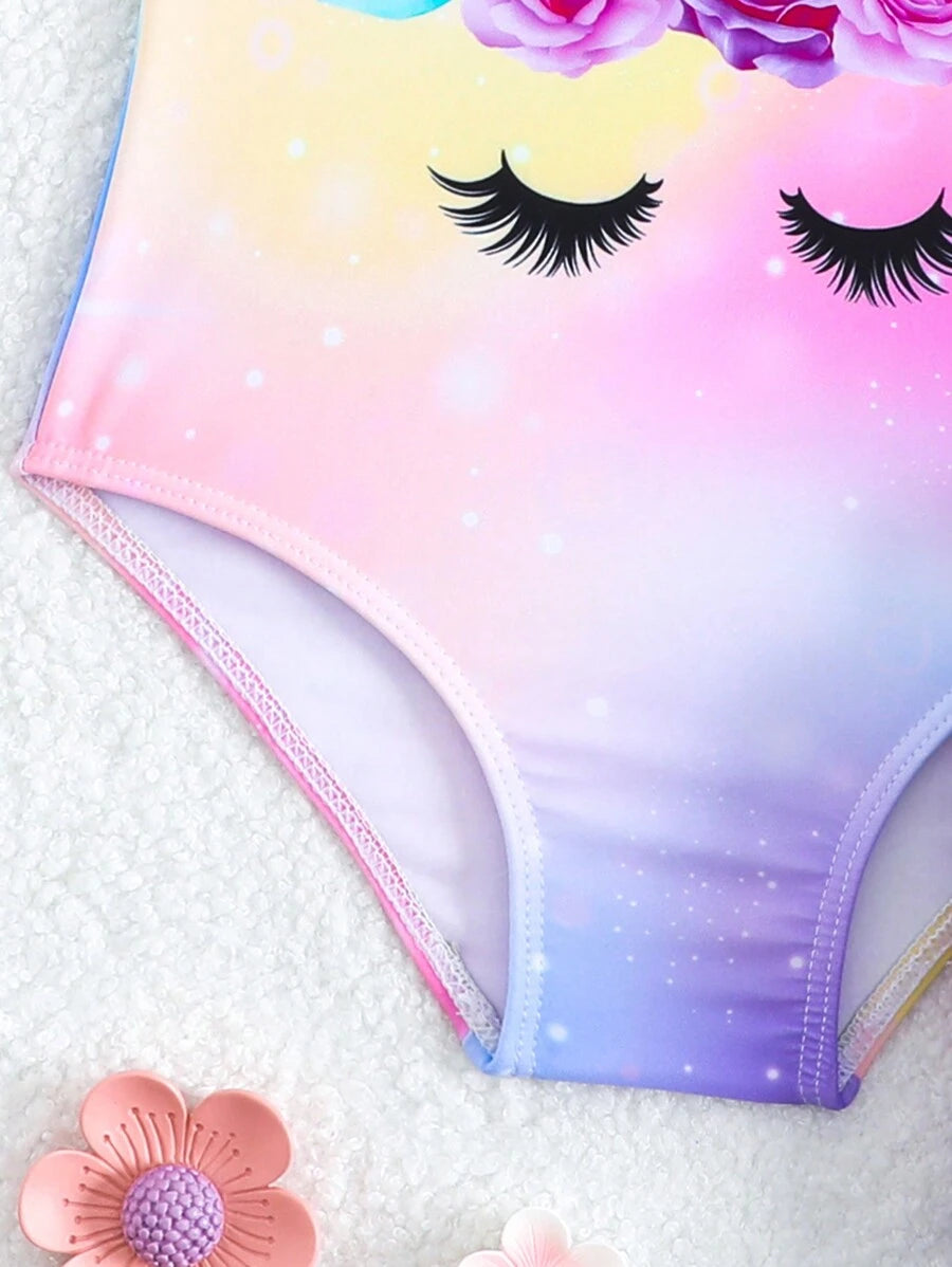 Rainbow Mesh One Piece Swimsuit For Baby Girls Cute Unicorn Beachwear