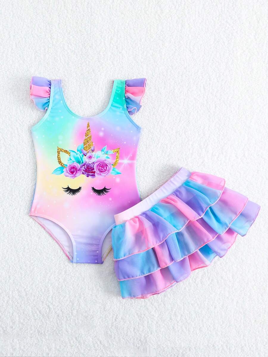 Rainbow Mesh One Piece Swimsuit For Baby Girls Cute Unicorn Beachwear