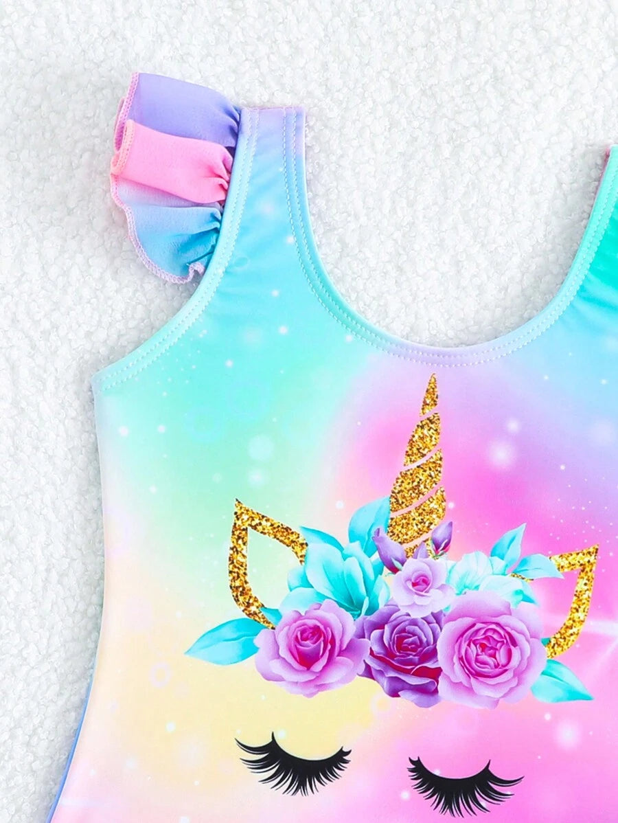 Rainbow Mesh One Piece Swimsuit For Baby Girls Cute Unicorn Beachwear