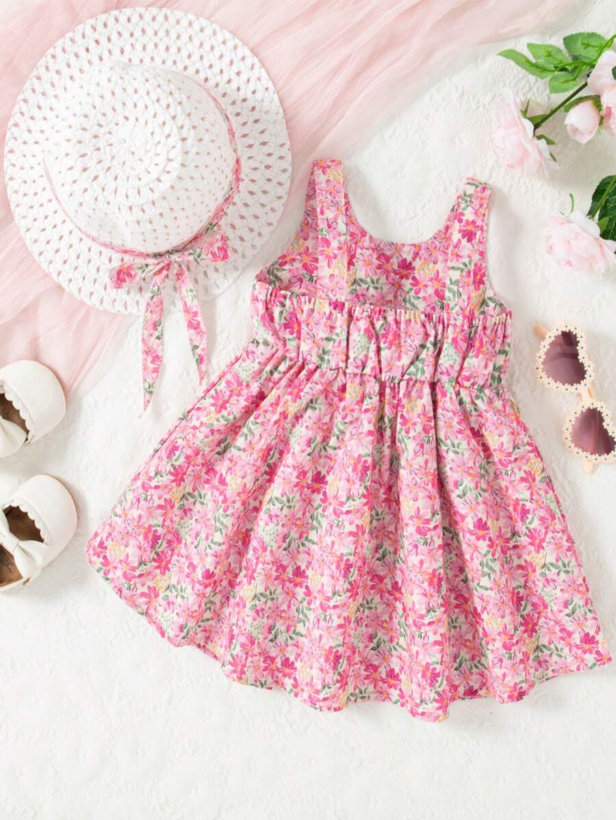 Baby Girls Ditsy Floral Dress And Hat Set Sleeveless Princess Summer Outfit