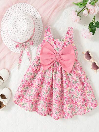 Baby Girls Ditsy Floral Dress And Hat Set Sleeveless Princess Summer Outfit