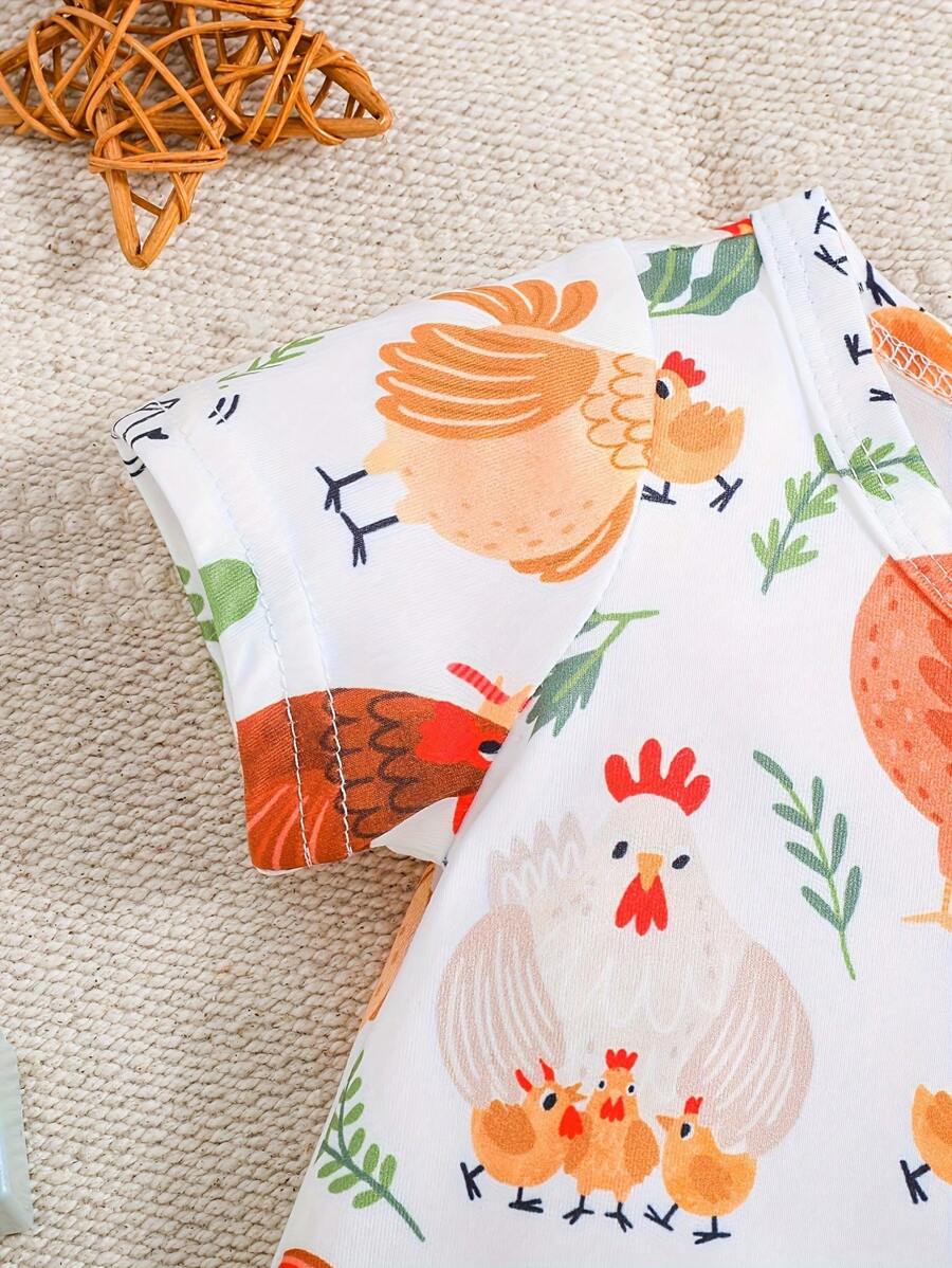 Unisex Newborn Baby Farm Animal Chicken Print Short Sleeve Romper Country Style Outfit
