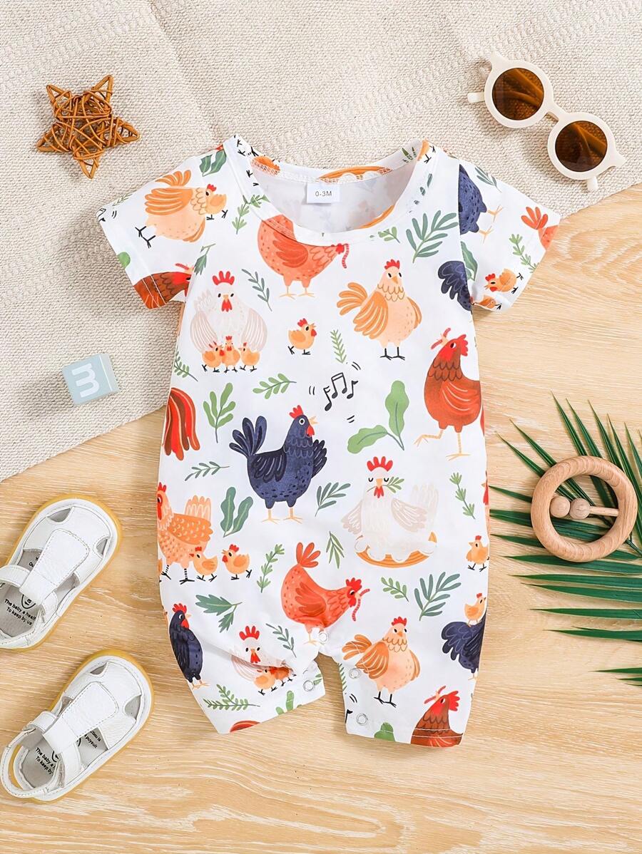 Unisex Newborn Baby Farm Animal Chicken Print Short Sleeve Romper Country Style Outfit