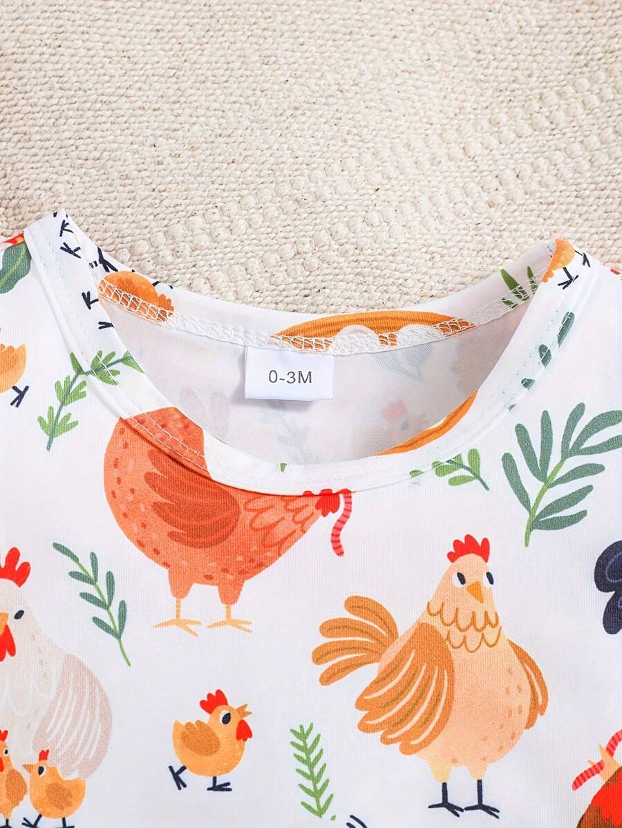 Unisex Newborn Baby Farm Animal Chicken Print Short Sleeve Romper Country Style Outfit