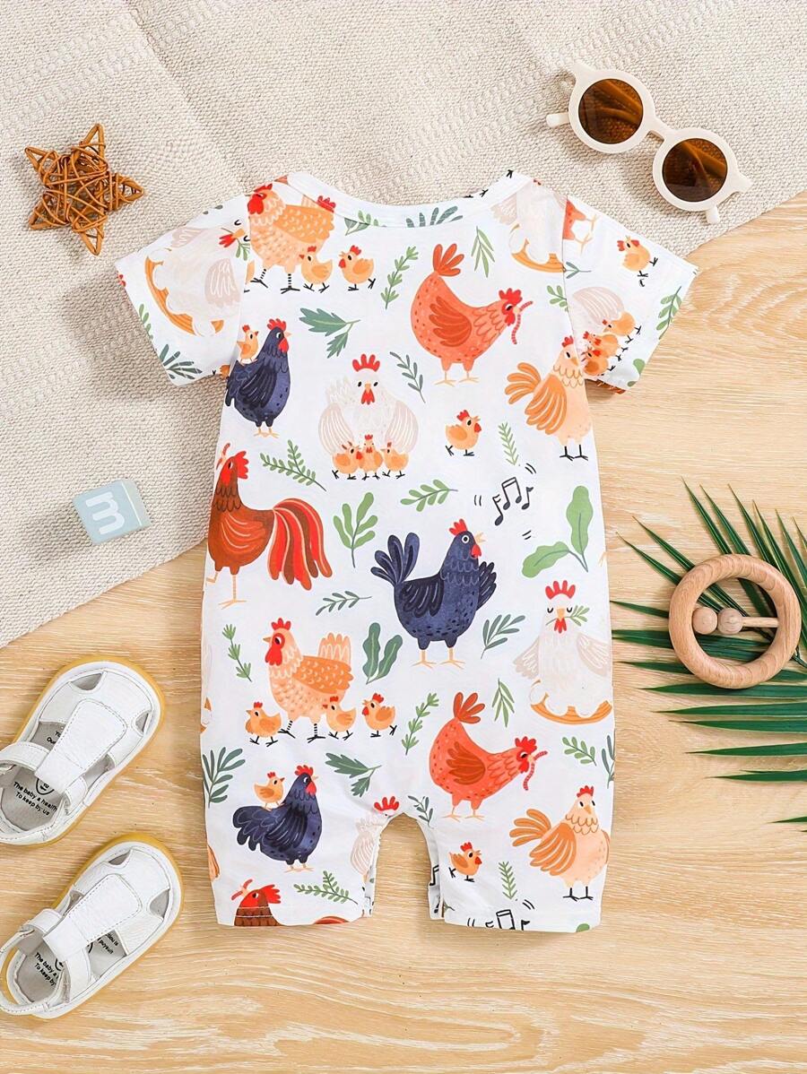 Unisex Newborn Baby Farm Animal Chicken Print Short Sleeve Romper Country Style Outfit