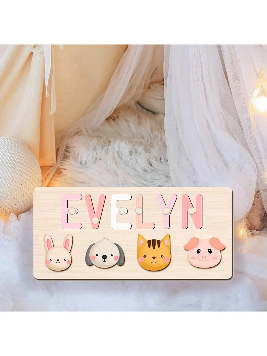 Personalized Wooden Name Puzzle for Babies, Custom Name Blocks with Animals, Birthday & Christmas Gift