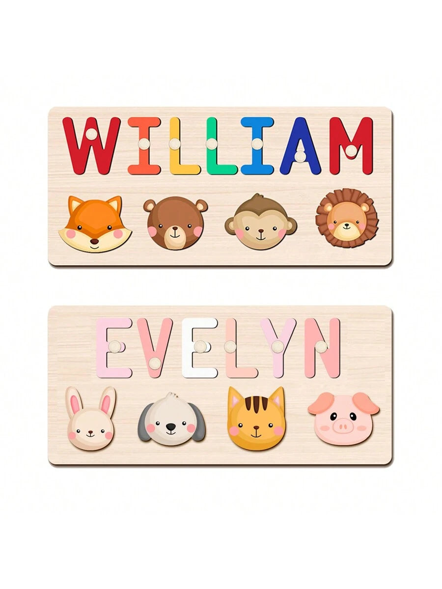 Personalized Wooden Name Puzzle for Babies, Custom Name Blocks with Animals, Birthday & Christmas Gift