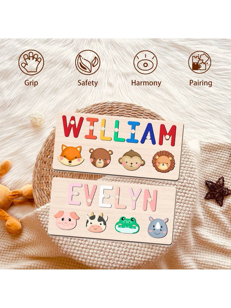 Personalized Wooden Name Puzzle for Babies, Custom Name Blocks with Animals, Birthday & Christmas Gift