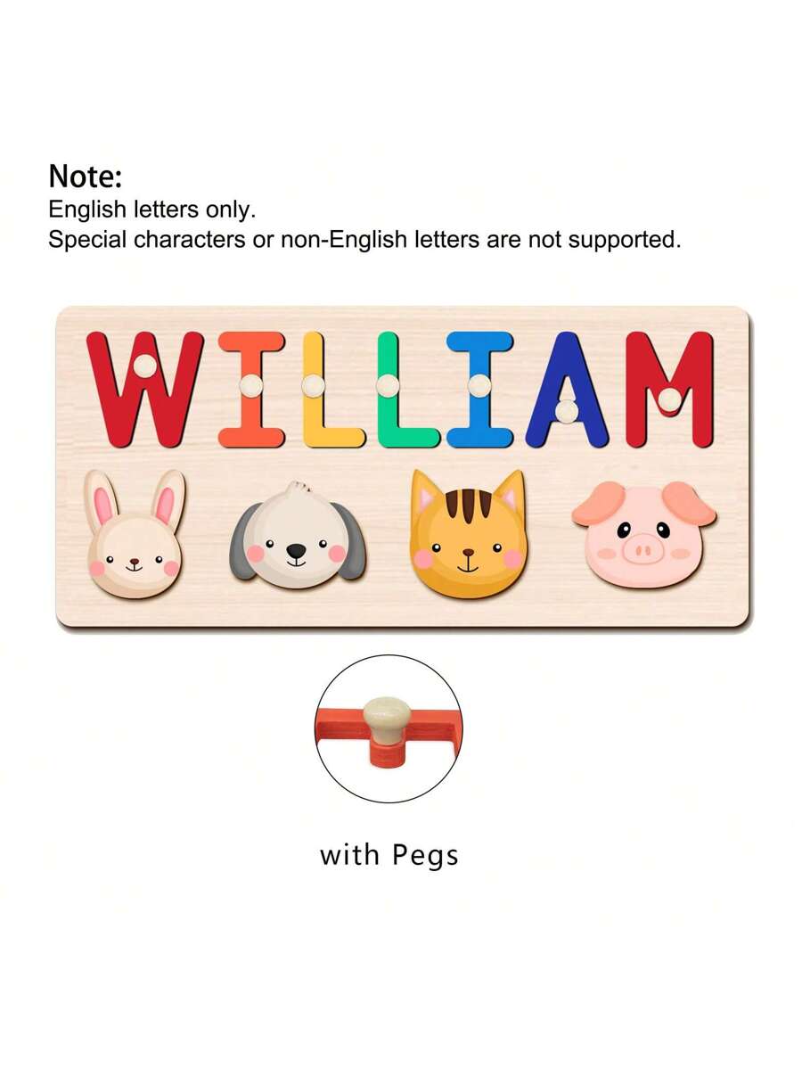 Personalized Wooden Name Puzzle for Babies, Custom Name Blocks with Animals, Birthday & Christmas Gift