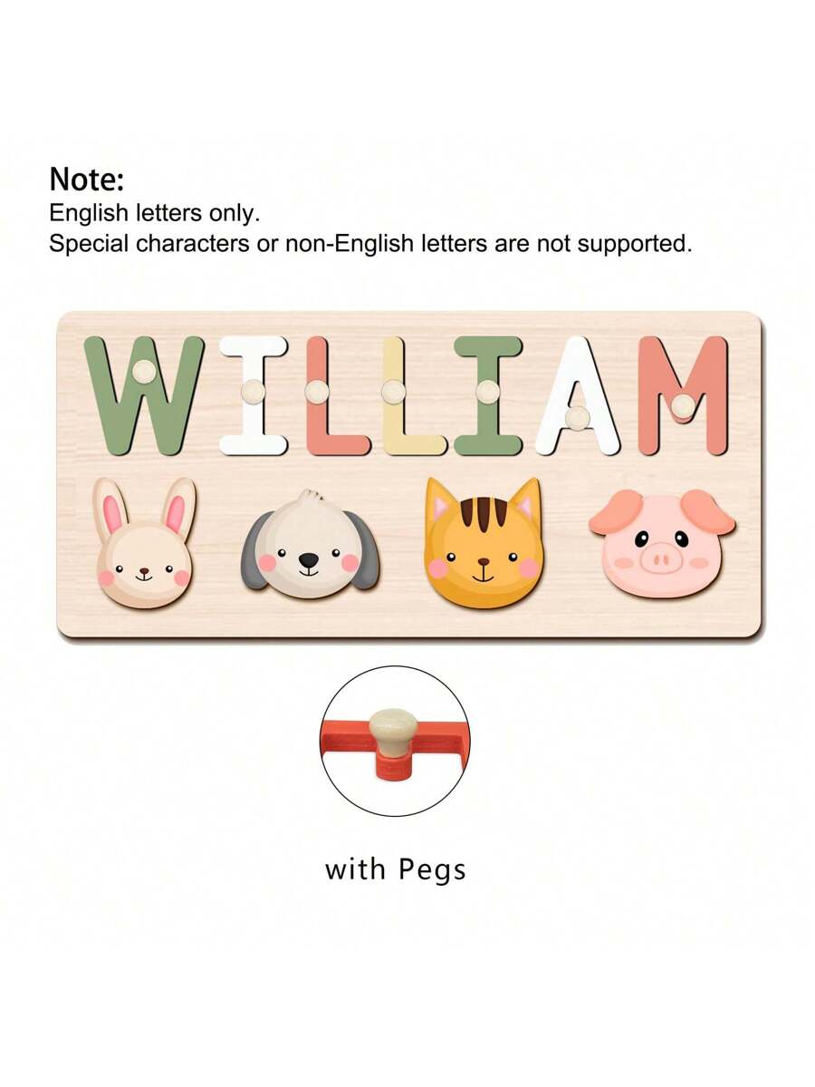 Personalized Wooden Name Puzzle for Babies, Custom Name Blocks with Animals, Birthday & Christmas Gift