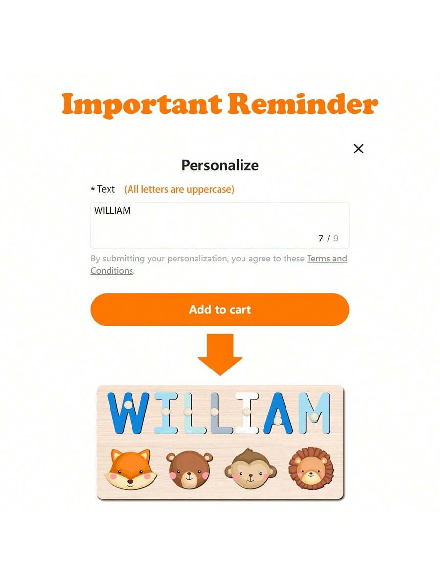 Personalized Wooden Name Puzzle for Babies, Custom Name Blocks with Animals, Birthday & Christmas Gift
