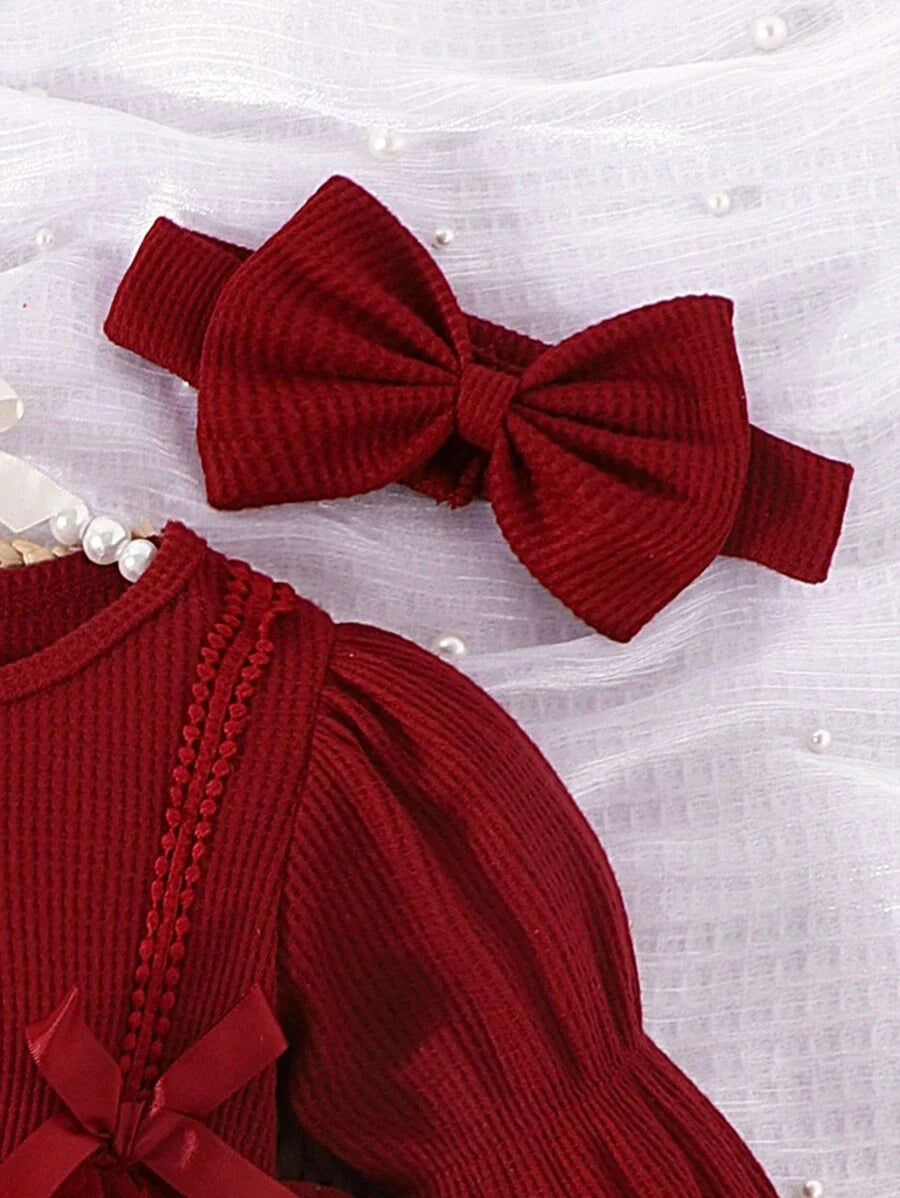 3PCS Baby Elegant Mesh Contrast Bodysuit Set with Headband and Socks for Autumn and Winter Wear