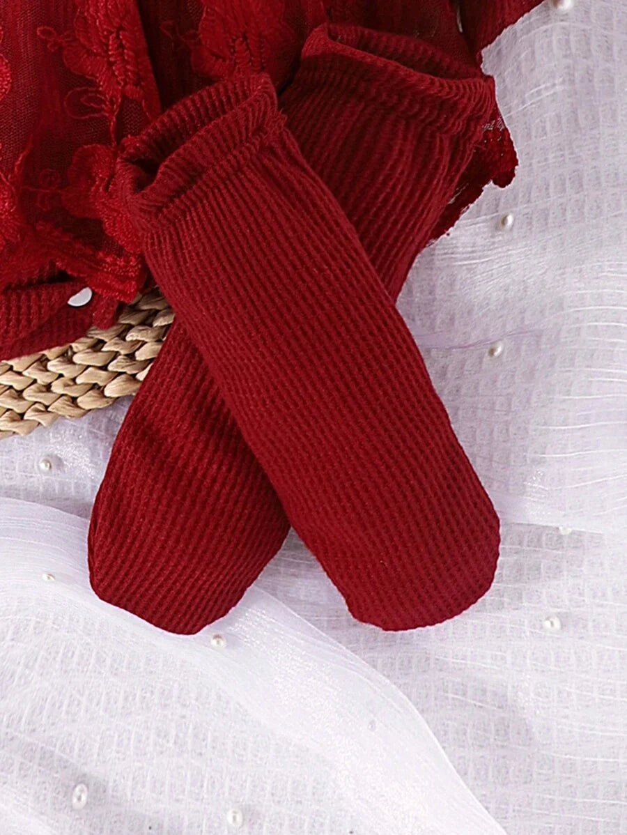 3PCS Baby Elegant Mesh Contrast Bodysuit Set with Headband and Socks for Autumn and Winter Wear
