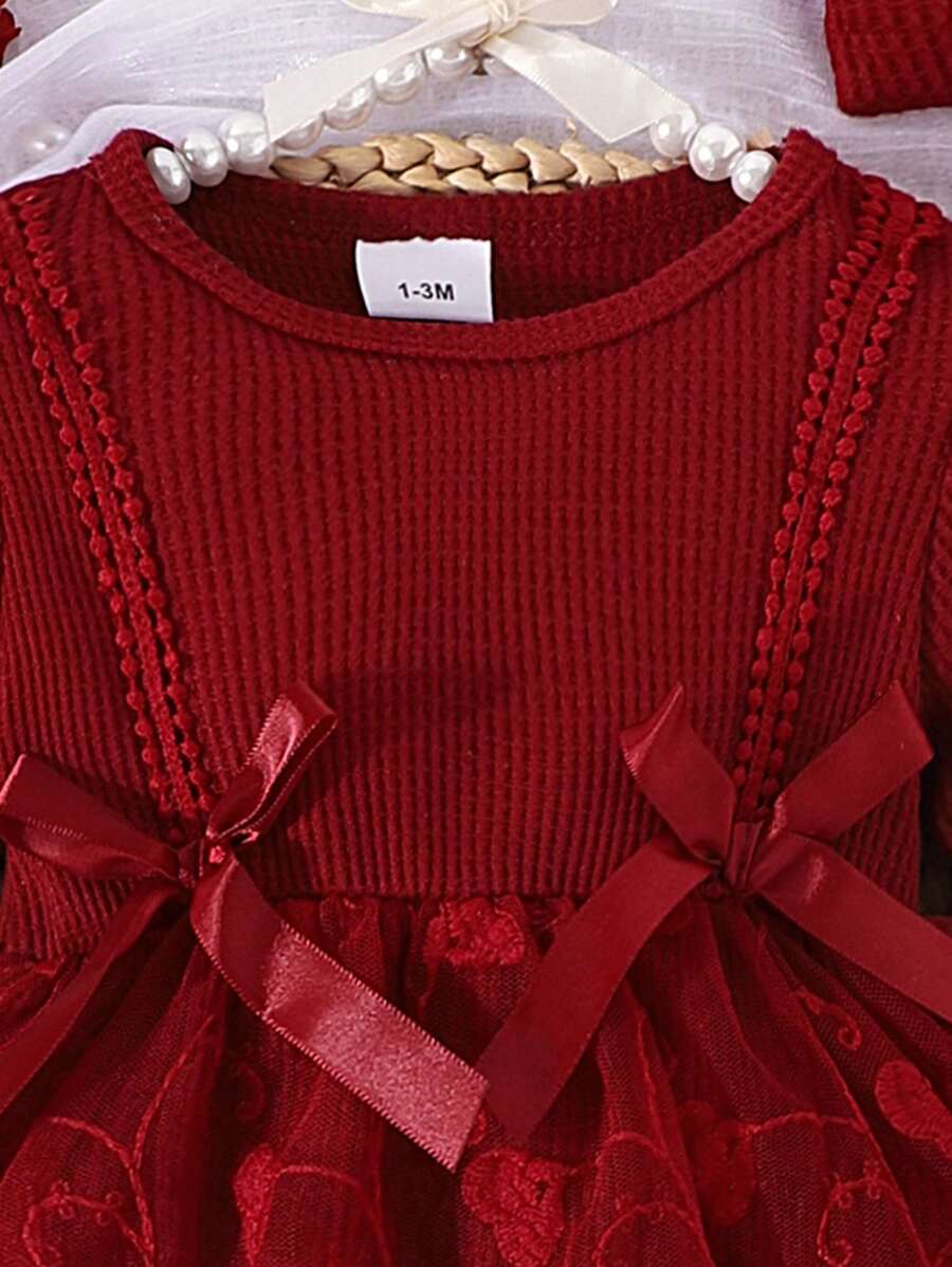 3PCS Baby Elegant Mesh Contrast Bodysuit Set with Headband and Socks for Autumn and Winter Wear