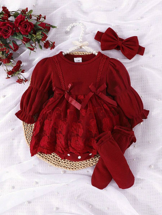 3PCS Baby Elegant Mesh Contrast Bodysuit Set with Headband and Socks for Autumn and Winter Wear