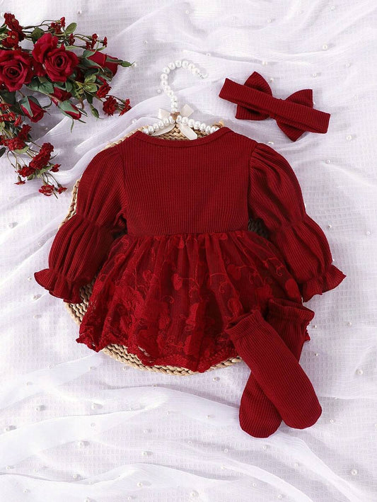3PCS Baby Elegant Mesh Contrast Bodysuit Set with Headband and Socks for Autumn and Winter Wear
