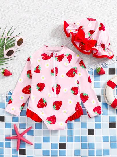 Cute Daisy And Strawberry Swimwear For Kids Girls Summer Vacation Wear
