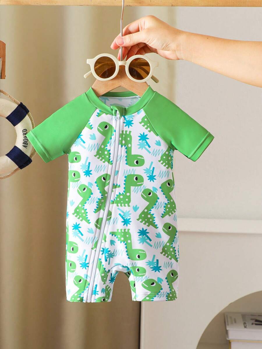 Baby Dinosaur Print Zipper One-Piece Swimsuit for Summer Beach and Pool Days