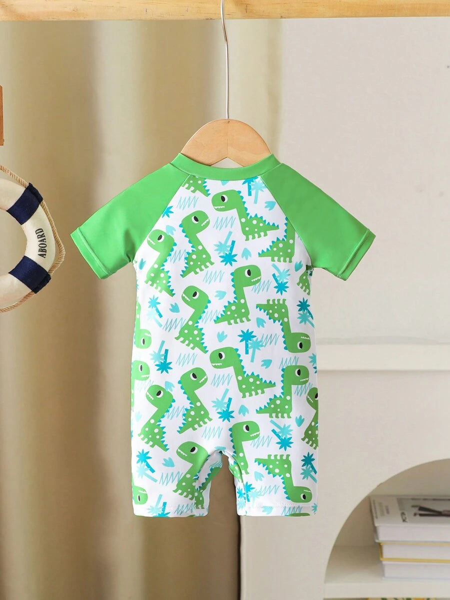 Baby Dinosaur Print Zipper One-Piece Swimsuit for Summer Beach and Pool Days