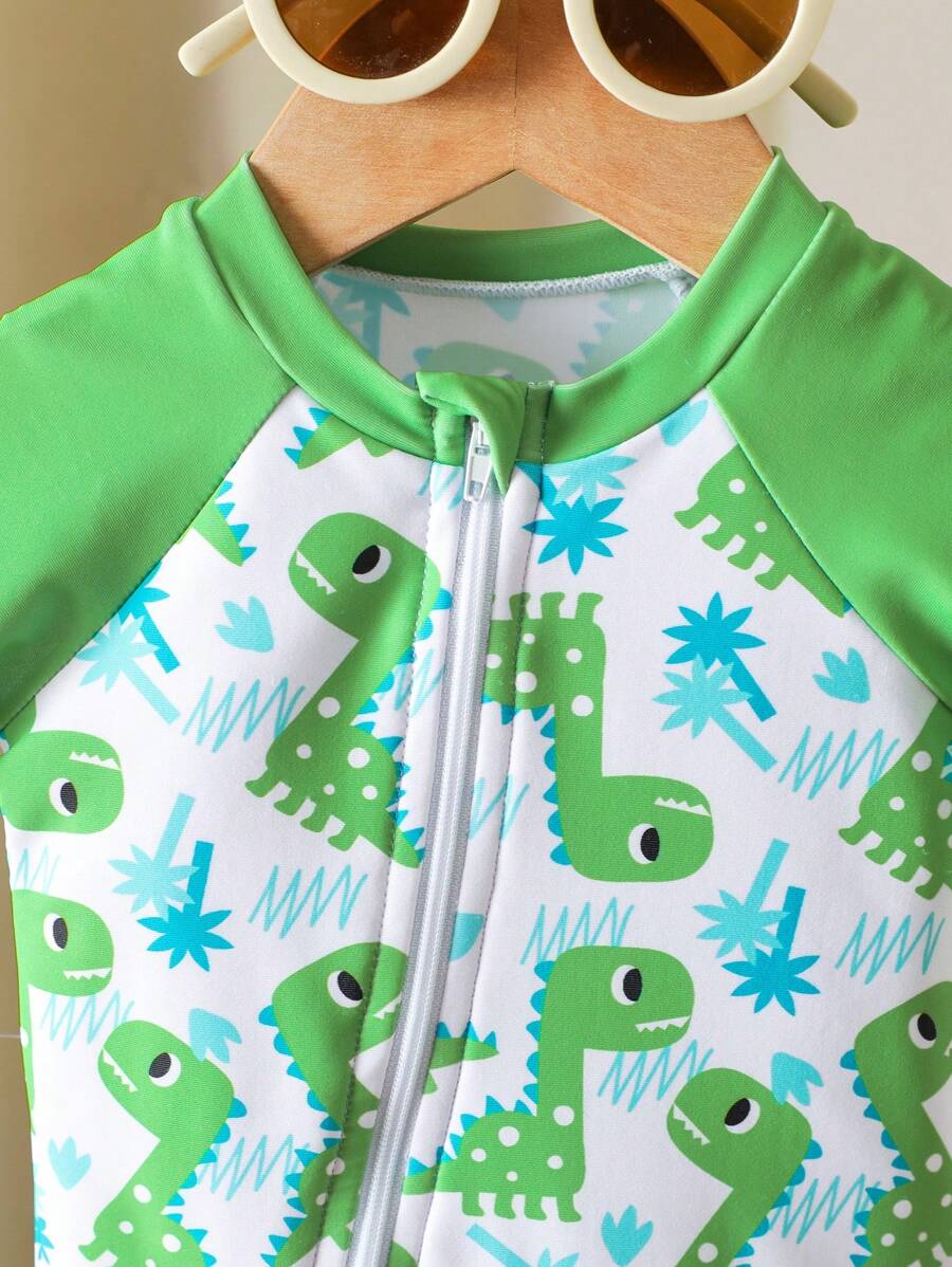 Baby Dinosaur Print Zipper One-Piece Swimsuit for Summer Beach and Pool Days