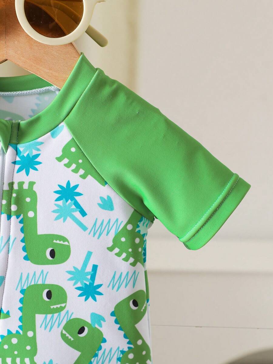 Baby Dinosaur Print Zipper One-Piece Swimsuit for Summer Beach and Pool Days