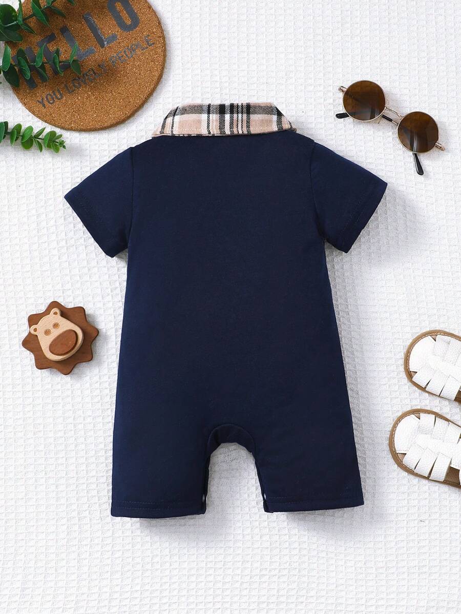 Newborn Baby Boy Plaid Texture Polo Short Sleeve Jumpsuit Casual Summer Outfit for Daily Wear